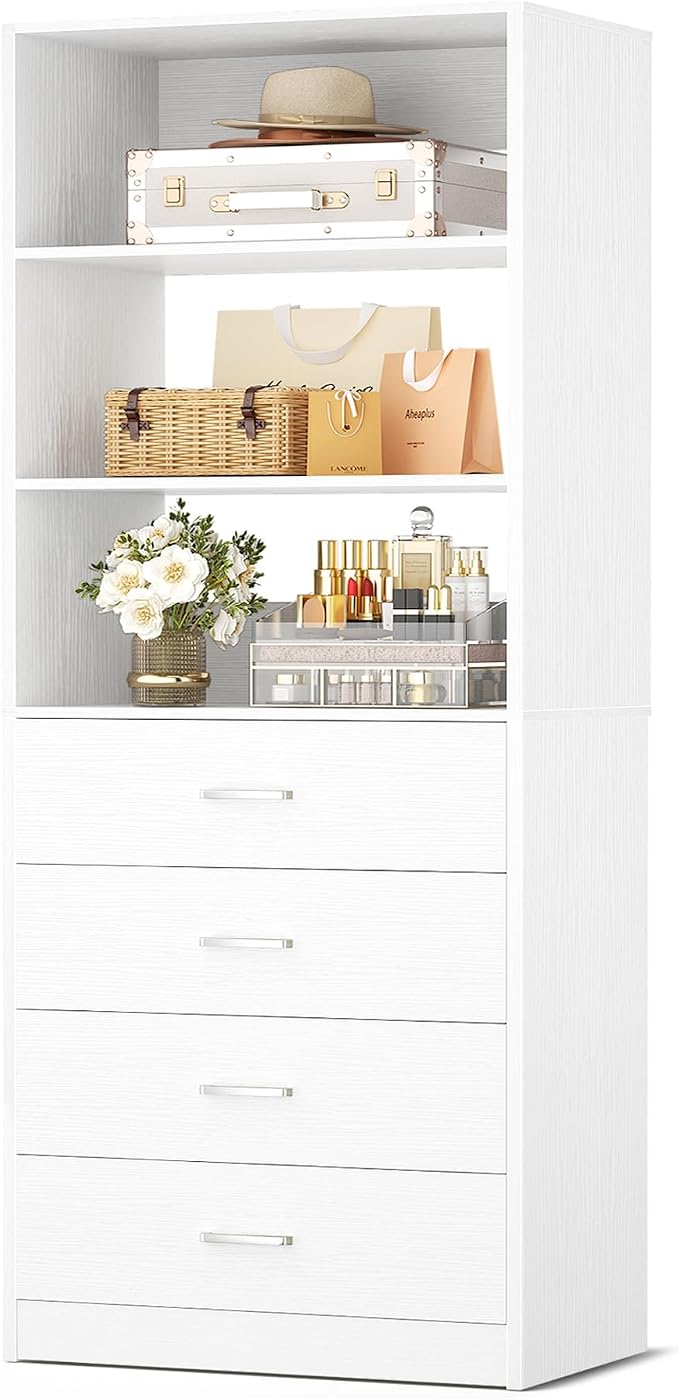 Aheaplus Closet Drawers System, 21.3" Wood Closet Organizer System with 4 Drawers, Modular Walk-in Closet System Storage Unit, Small Closets Wardrobe Rack, Tall Storage Cabinet Unit, White by Aheaplus