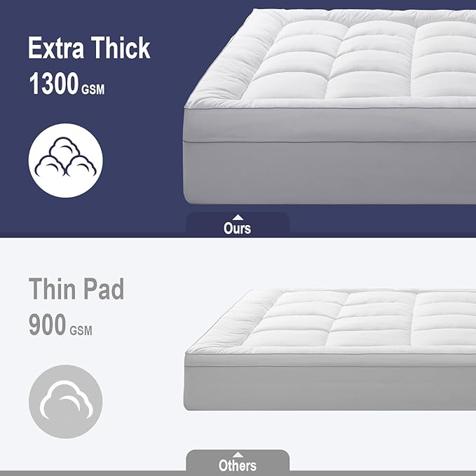 HYPREST Extra Thick Mattress Topper Queen, Pillow Top Mattress Topper Overfilled 1300 GSM Down Alternative for Back Pain, Cotton Super Soft Quilted Cooling Mattress Pad 8-24" Deep Pocket