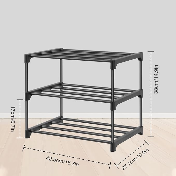 HITHIM 3-Tier Small Shoe Racks, Narrow Shoe Rack for 5-6 Pairs Shoe Storage,Kids Shoe Racks for Small Place,Lightweight Stackable Shoe Shelf Organizer for Closet,Black - Image 4