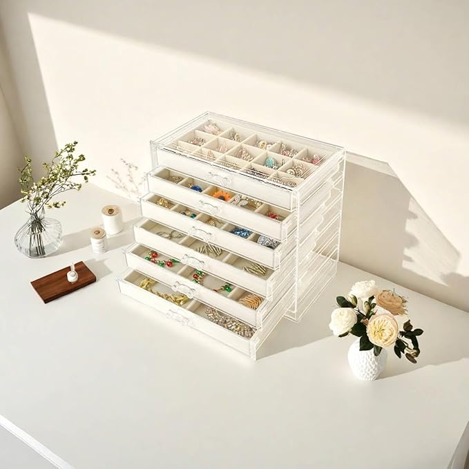 Watpot Acrylic Jewelry Box with 6 Drawers, Clear Earring Storage Organizer Display Case for Women Girls, Beige - Image 7