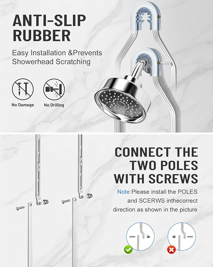 Adjustable Shower Caddy Hanging for Handheld Showerheads - Upgraded Never Rust Shower Hanging Organizer, Bathroom Shower Rack with Soap Basket, Hooks and Toothbrush Holder (Shiny Silver) - Image 6