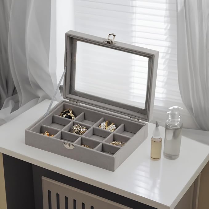 Fordonral Velvet Jewelry Organizer Box, Jewelry Drawer Organizers Trays, Earring Ring Necklace Holder Display Case (Gray, 12 Grid Box) - Image 2