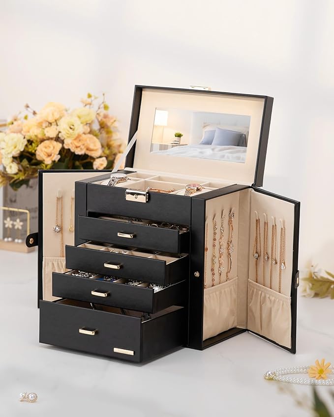 Homde Mothers Day Gifts Synthetic Leather Huge Jewelry Box Mirrored Watch Organizer Necklace Ring Earring Storage Lockable Gift Case (Black + Gold) - Image 8