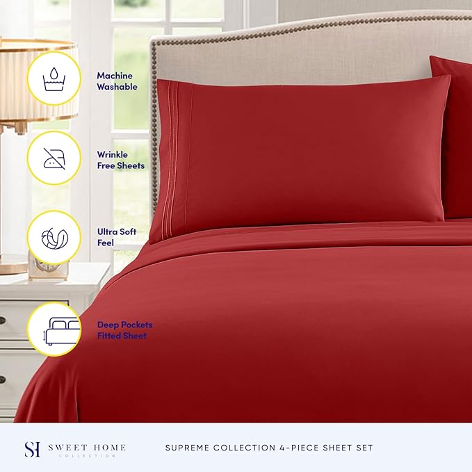 Twin XL Sheets - Breathable Luxury Sheets with Full Elastic & Secure Corner Straps Built In - 1800 Supreme Collection Extra Soft Deep Pocket Bedding Set, Sheet Set, Twin XL, Red