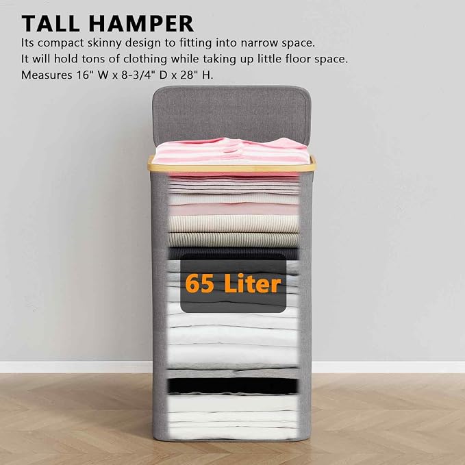 SpaceAid Slim Laundry Hamper with Lid, 65L Narrow Clothes Basket Bin with Bamboo Handles, Skinny Tall Collapsible Hamper for Bedroom, Bathroom, Dorm, Laundry Room - Grey - Image 4