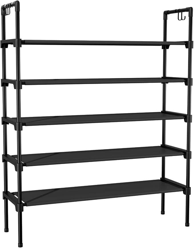 LANTEFUL 5 Tier Shoe Rack for Closet Shoe Organizer with 5 Hooks, Long Shoe Shelf Storage for Shoe and Boot Stackable Free Standing Shoe Rack for Entryway, Garage, Small Spaces, Dorm, Black - Image 8