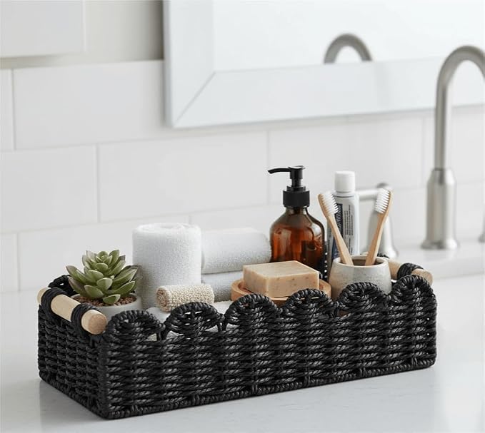 CubesLand Toilet Paper Storage Basket Scalloped Edge Home Decor Basket, Living Room Cozy Decor, Paper Rope Small Baskets for Over Toilet Storage Shelf, End Table, Shelves, with 2 Wooden Handles, Black - Image 5