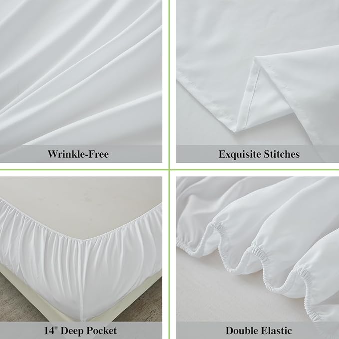 ILAVANDE White Sheets Set 4 Piece,Hotel Luxury Super Soft 1800 Series Microfiber Queen Bed Sheets Set-Wrinkle Free & Breathable-14 Deep Pocket Sheets for Queen Size Bed(Queen,White)