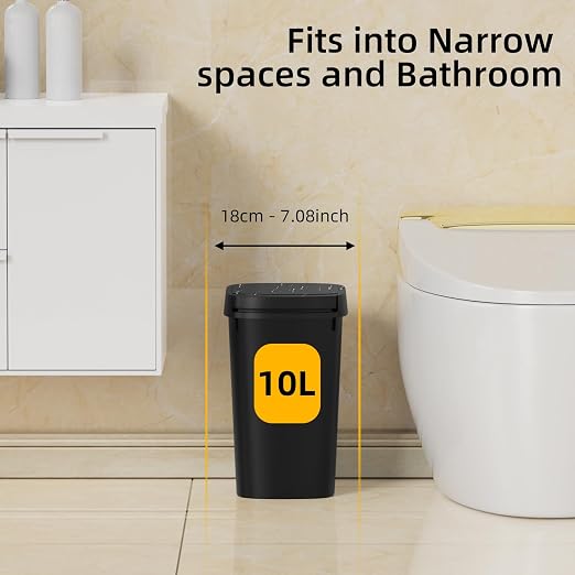 KSSKSS 3 Pack Bathroom Small Trash Can with Lid, 2.6 Gallon Slim Garbage Bin with Pop-Up Lid, 10L Plastic Wastebasket for Bedroom, Office, Kitchen, Toilet (Matte Black) - Image 3