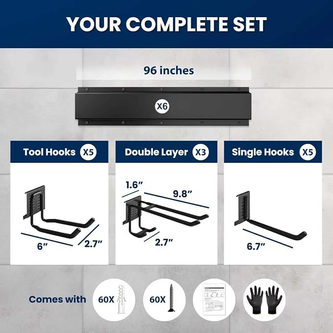 96'' All-Metal Garage Tool Organizer Wall Mount – Heavy-Duty Tool Rack Holds 960 lbs, Adjustable Hooks for Garage, Yard, and Garden Equipment - Image 2
