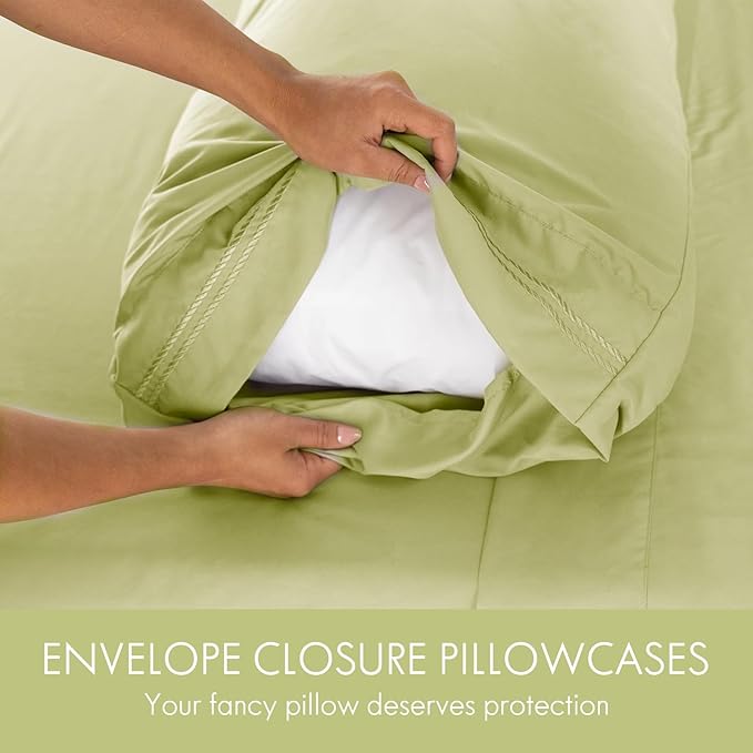 ClevaHome Twin Size Sheet Set - 4 Piece Soft Breathable Luxury Bed Sheet Set - Shrinkage & Fade Resistant Embroidered Bedding Sheet with Deep Pocket, 2 Extra Pillowcases (Twin, Leaf Green)