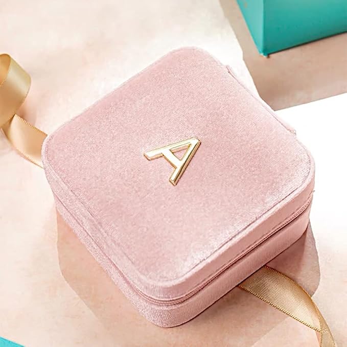 Vlando Small Travel Jewelry Box Organizer Display Case for Rings Earrings Necklaces Storage, Selected Soft Velvet, Letter A Engraved, Pink - Image 9