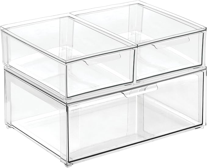 mDesign Plastic Stackable Closet Storage Organizer Bin Containers with Front Pull Drawer for Cabinet, Desk, Shelf, Cupboard, or Dresser Organization - Lumiere Collection - Set of 3 - Clear - Image 8