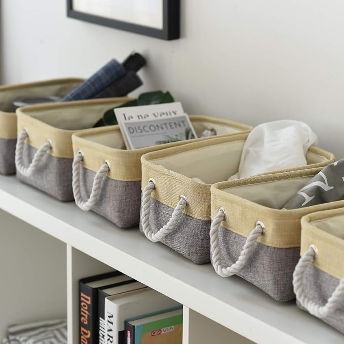 TheWarmHome Storage Baskets for Organizing - 11.8x7.8x5.2 inch Small 6 Pack Storage Bins for Shelve, Farbic Storage cubes Organizer for Baby Toys Nursery (Gold & Grey) - Image 6