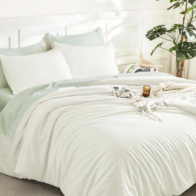 Litanika Comforters Ivory Oversized Queen Size, 3 Pieces Lightweight Solid Bedding Comforter Set, All Season Fluffy Bed Set (98x98In Comforter & 2 Pillowcases)