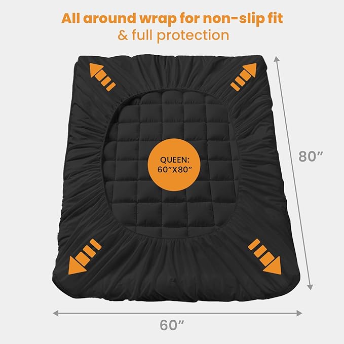 MATBEBY Queen Size Mattress Pad - Cooling Breathable Mattress Topper, Quilted Fitted Mattress Protector, Pillow Top Mattress Cover with 8-21" Deep Pocket, Soft, Machine Washable, Black, 60x80 Inches