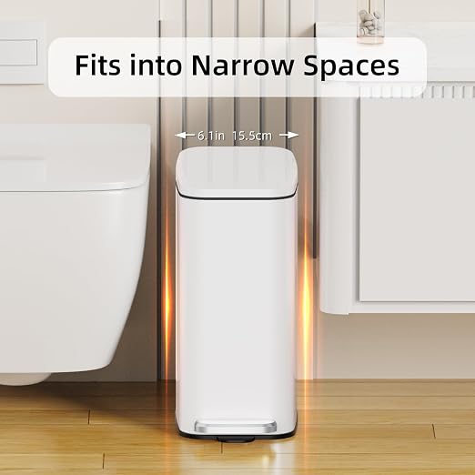 KSSKSS Small Bathroom Trash Can with Lid Soft Close, Step Pedal, 6L / 1.6 Gal Stainless Steel Garbage Bin with Removable Inner Bucket, Slim Wastebasket for Narrow Spaces (White) - Image 2