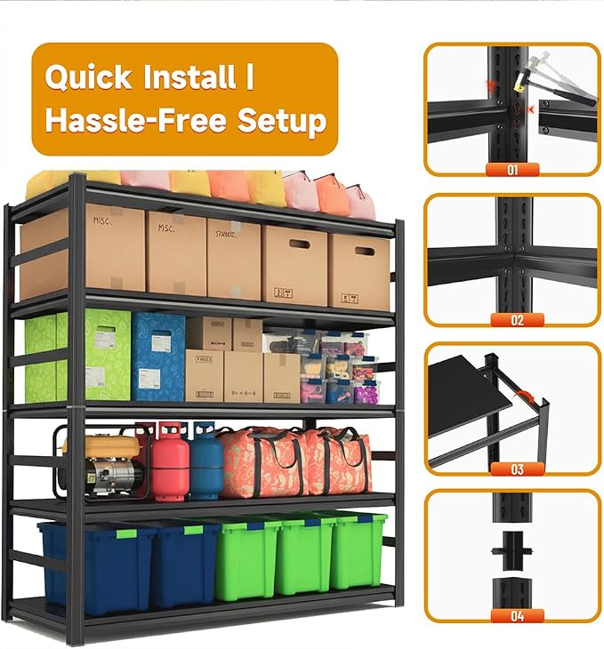 78''H×48''W Garage Shelving,5 Tier Heavy Duty Metal Garage Storage Shelves, Metal Shelving, 3000 lbs Adjustable Standing Shelf and Double-Layer Posts for Garage,Warehouse,Basement Black - Image 5