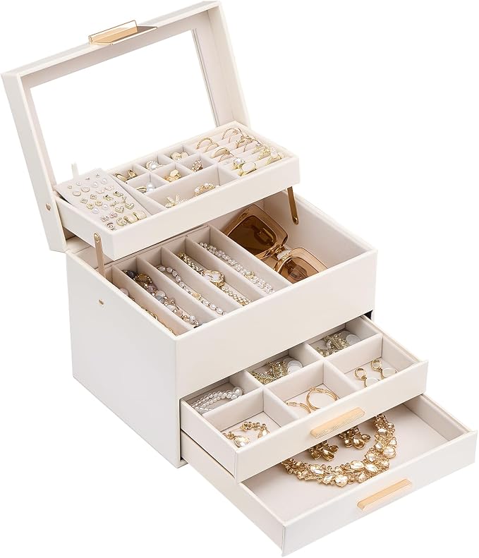 Lolalet Jewelry Box, Clear Window Jewelry Organizer with Drawer for Earrings Bracelets Necklaces Rings, Jewelry Storage for Women -White, 4 Layers by Lolalet