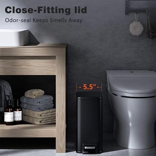 Bathroom Trash Can with Lid Slim 1.6 Gallon Stainless Steel Garbage Can with Removable Inner Bucket Soft Close Lid Durable Step Pedal Trash Bins for Toilet Bedroom Office (Matte Black, 1.6 Gallon) - Image 2