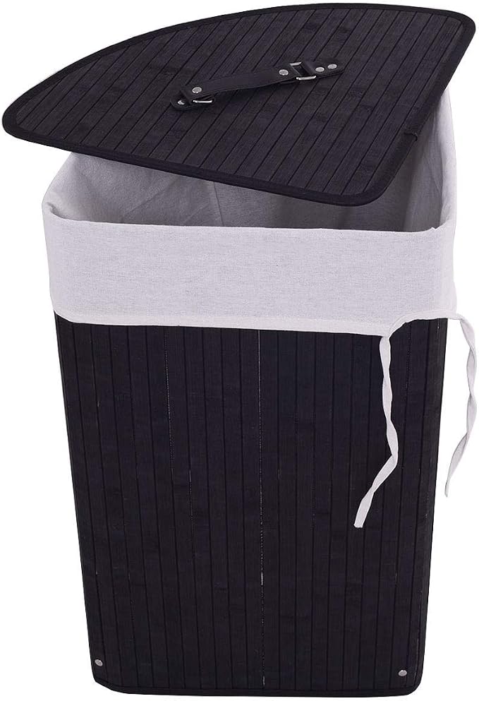 GOFLAME Corner Bamboo Laundry Hamper with Lid and Removable Liner, Washing Clothes Basket Storage Bin with Handle, Suitable for Bedroom, Bathroom, Laundry (Black) - Image 9