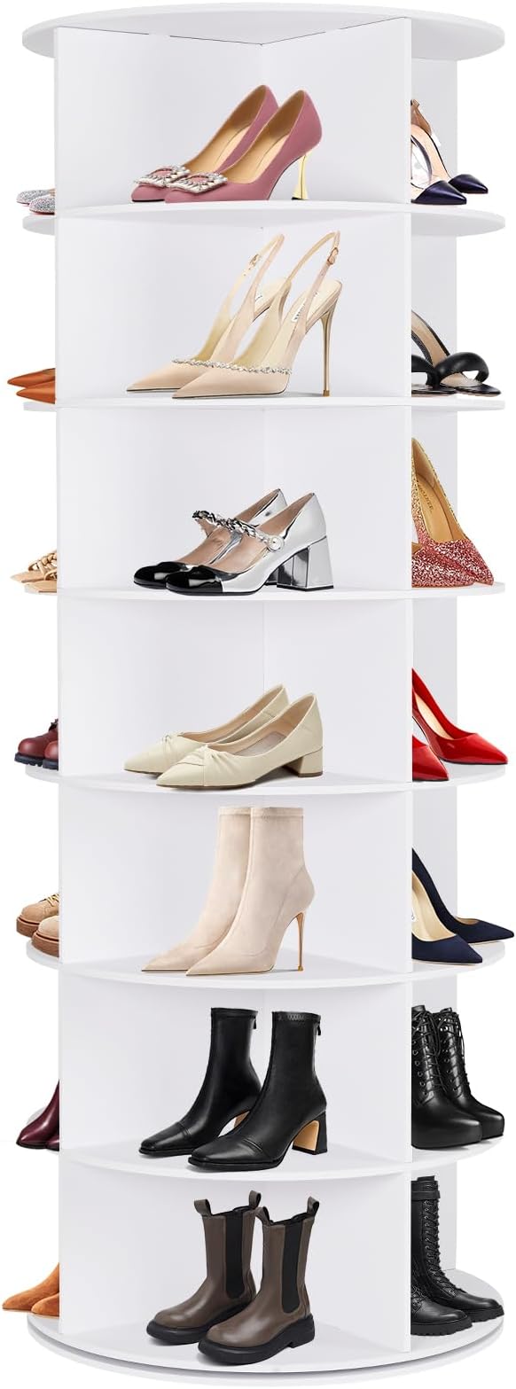 Rotating Shoe Rack Tower, 7 Tier 28 Pairs Large Shoe Storage Organizer, Space-Saving Free Standing Shoe Racks, 360° Revolving Round Shoe Rack for Closet Handbag Display, White by WGCTEK