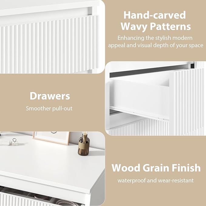 Jocoevol 6 Drawer Dresser, Fluted Dresser for Bedroom with Sleek Hidden Handles, Bedroom Dressers with Drawers, Wood Closet Clothes Storage Organizer for Bedroom, Pure White
