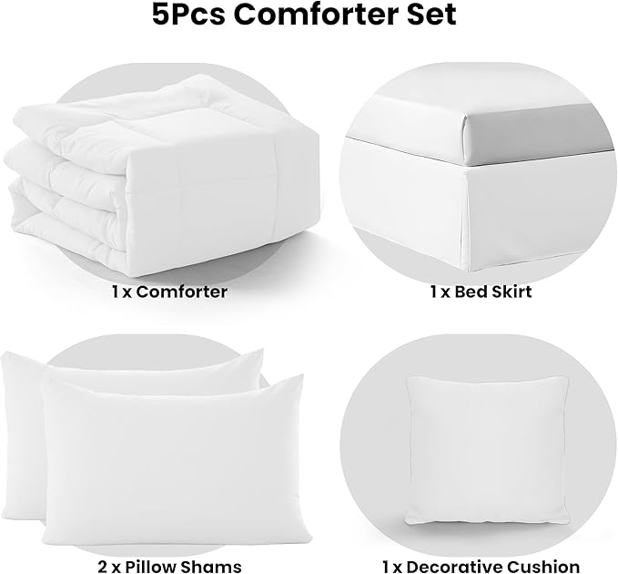LUX Décor 5pc King Comforter Set, All-in-One Bed in a Bag, Includes 1 Comforter, 2 Pillow Shams, 1 Decorative Pillow & 1 Bed Skirt (White, King)