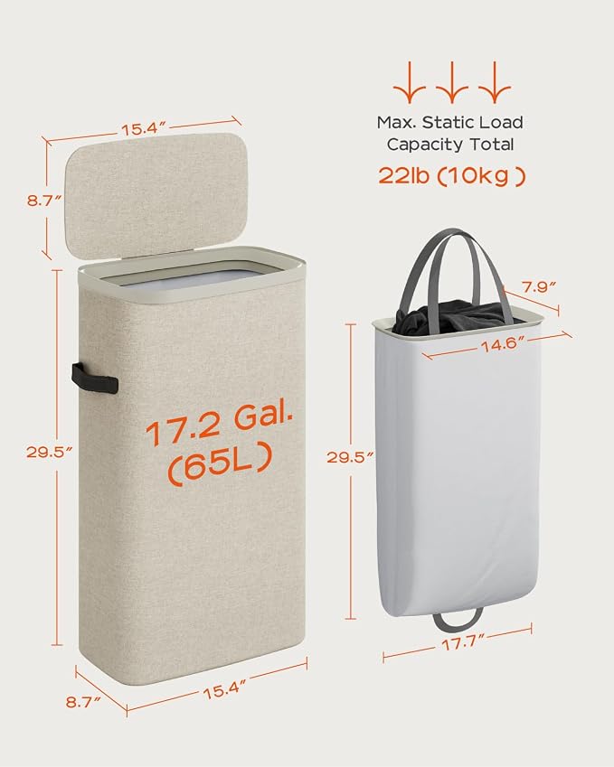 CASAMAYA Laundry Basket with Lid, Slim Laundry Hamper, 65L collapsible Laundry Organizer, Easy Assembly, with Handles and Removable Liners, 15.4 x 8.7 x 29.5 Inches, Beige JSP901M - Image 6
