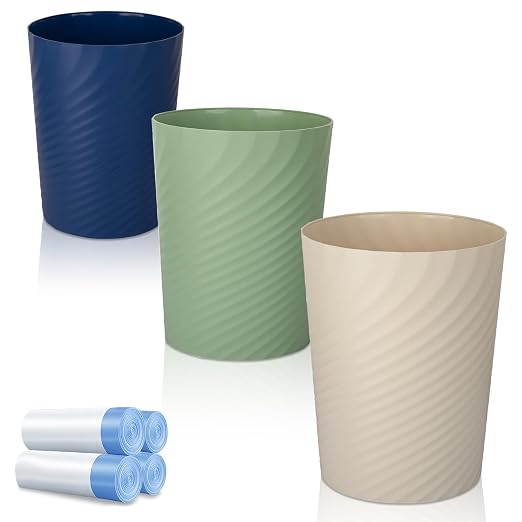 UUJOLY Bathroom Small Trash Can with Trash Bag Plastic Garbage Can Round Waste Basket for Bathrooms, Laundry Room, Kitchens, Offices, Kids Rooms, Dorms, 1.8 Gallons, 3 Pack (Blue Green Beige) by UUJOLY