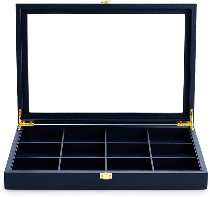 Oirlv 12 Gird Jewelry Tray with Acrylic Lid Premium Blue Leather Jewelry Organizer Box Transparent Lid Bracelet Bangle Small Watch Storage Case for Women Gift by Oirlv