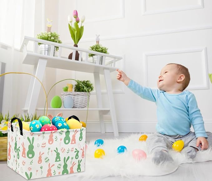 Easter Baskets for Kids Gift Bunny Basket Empty for Boys and Girls Rectangular Toy Storage Bins Organizer Bin Box Cute Egg Room Decor for Home(Easter Bunny) - Image 2