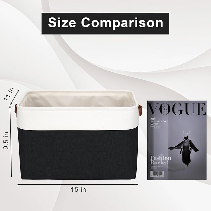 Bagnizer Storage Bins Large Fabric Storage Baskets for Shelves 3 Pack, Decorative Linen Closet Baskets with Handles for Organizing, Shelf, Clothes, Home, Office, 15x11x9.5Inches (Black&White) - Image 3