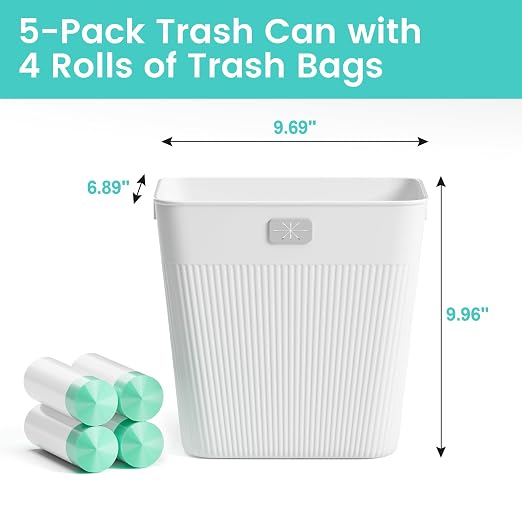 JOYMOOP Slim Trash Can 5-Pack, 2.9 Gallon Plastic Wastebasket for Bathroom, Bedroom, Office, Kitchen with 4 Rolls Bags, White - Image 9