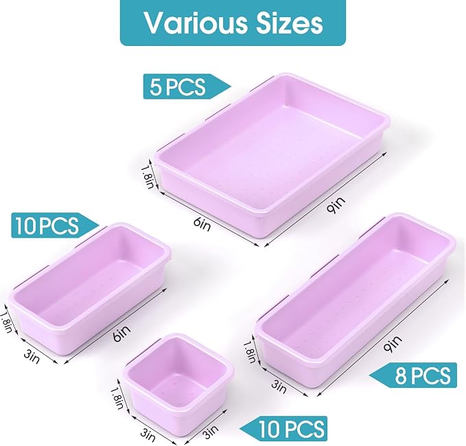 33 PCS Drawer Organizer Set, 4 Size Makeup Drawer Divider Organizer With Non-Slip Pads, Interlocking Plastic Storage Bins for Office,Jewelry Vanity,Gadgets, Bathroom,Kitchen, Purple - Image 2