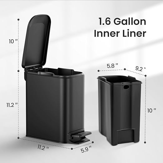 Cesun Small Bathroom Trash Can with Lid Soft Close, Step Pedal, 6 Liter / 1.6 Gallon Stainless Steel Garbage Can with Removable Inner Bucket, Anti-Fingerprint Finish (Matt Black) - Image 5