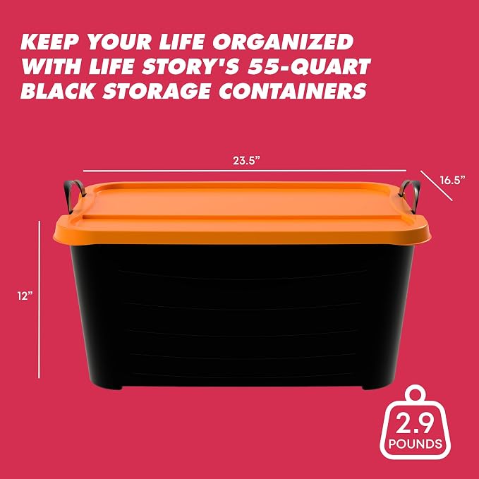 Life Story 6 Pack Heavy Duty Stackable Storage Bin, 55 Quart Home Organizer, Versatile Lightweight Locking Bins with Carrying Handles, Black/Orange - Image 3