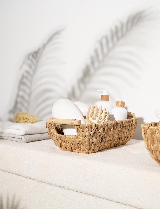 StorageWorks Hand-Woven Small Wicker Baskets, Water Hyacinth Storage Baskets with Wooden Handles, 2-Pack - Image 7