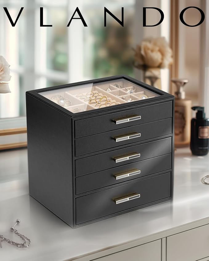 VLANDO 5 Layer Jewelry Box for Women, Glass Lid Jewelry Organizer with 5 Drawers for Necklaces Rings Earrings Bracelets - Black - Image 6