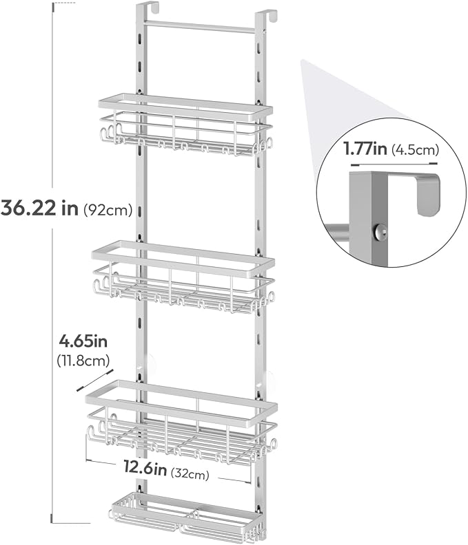 SWTYMIKI Over The Door Shower Caddy - 4 Tier Rustproof Hanging Shower Organizer with Adjustable Shelves, 40 Hooks & Soap Holder, Hanging Shower Rack Storage for Bathroom Accessories, Silver - Image 7