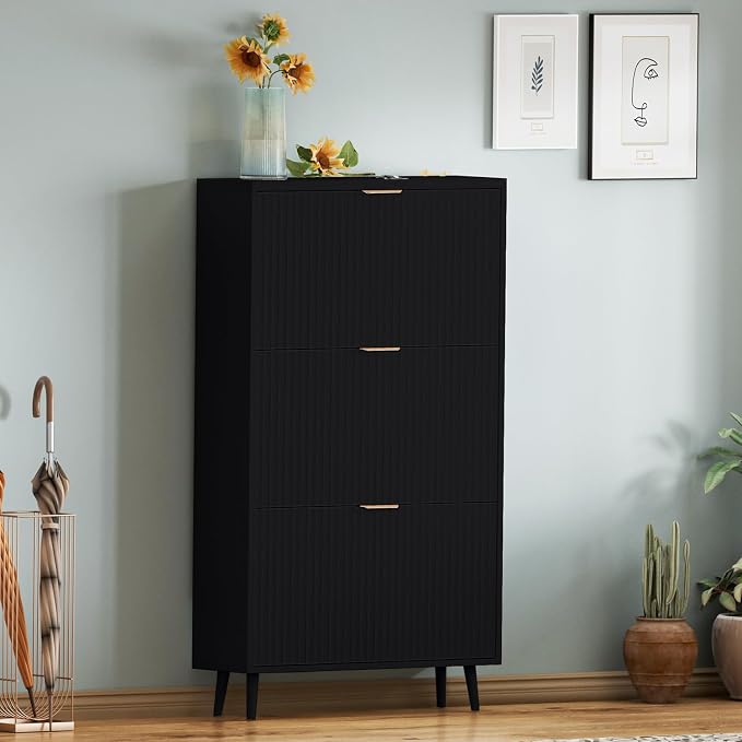Shoe Cabinet Storage,Modern Freestanding Organizer with 3 Flip Drawers,Narrow Shoe Rack Cabinet for Entryway,Black - Image 7