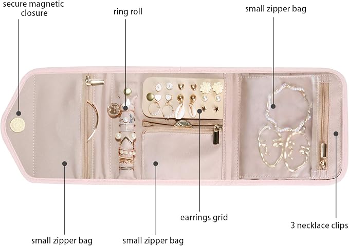 BAGSMART Travel Jewelry Organizer Case Foldable Jewelry Roll for Journey Rings, Necklaces, Earrings, Bracelets,Mini,Light Pink - Image 3