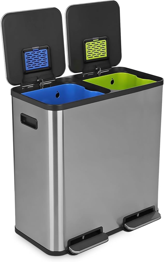 SIMPLI-Magic 21 Gallon (80L) Dual Compartment Kitchen Trash Can - Hands-Free Step Pedal, Soft-Close Lid, Stainless Steel Recycling Bin with Odor Filter (40L + 40L) by Simpli-Magic