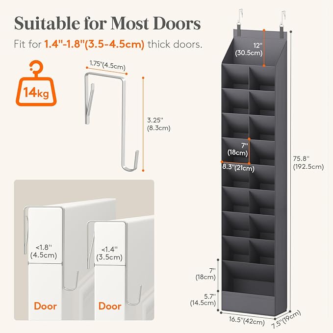 Lifewit 10 Tier Over the Door Shoe Organizer with 19 Large Deep Pockets, Fabric Hanging Shoes Shelf for Closet, Dorm Storage, Fit Up to 20 Pair Shoe Rack Holder for Sneakers, Boots, Gray - Image 2