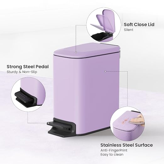 Cesun Small Bathroom Trash Can with Lid Soft Close, Step Pedal, 6 Liter / 1.6 Gallon Stainless Steel Garbage Can with Removable Inner Bucket, Anti-Fingerprint Finish (Purple) - Image 4