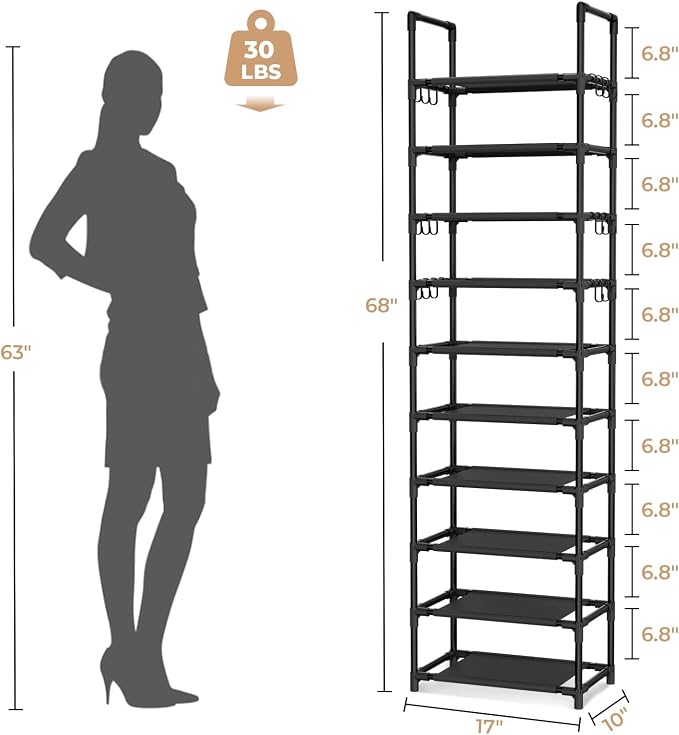 VTRIN 10 Tiers Tall Shoe Rack Holds 20-25 Pairs of Shoes Sturdy Vertical Shoe Organizer with 18pcs Hooks Stackable Narrow Shoe Rack for Closet, Entryway Black - Image 3