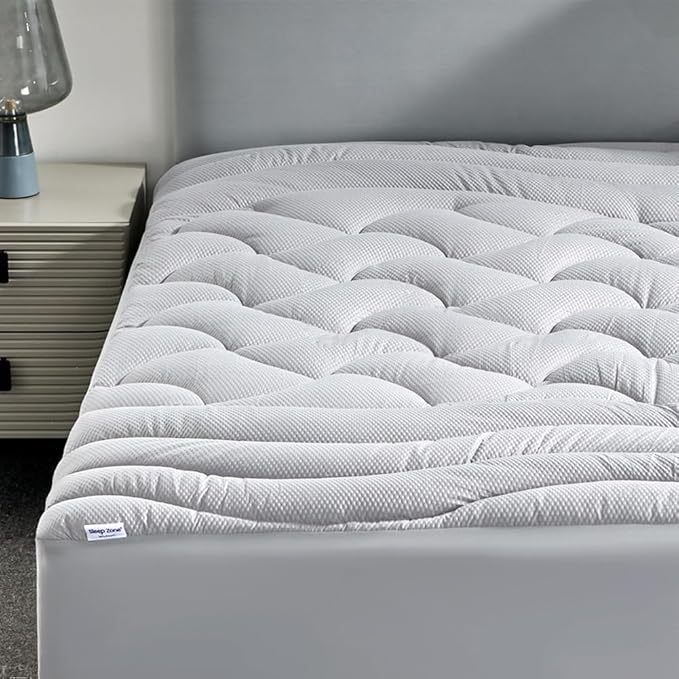SLEEP ZONE Cooling Mattress Topper Cal King, Premium Zoned Quilted Mattress Pad, Pillow Top Mattress Protector Cover, Machine Wash Durable, Deep Pocket 8-21 inch, Silver Grey, Cal King