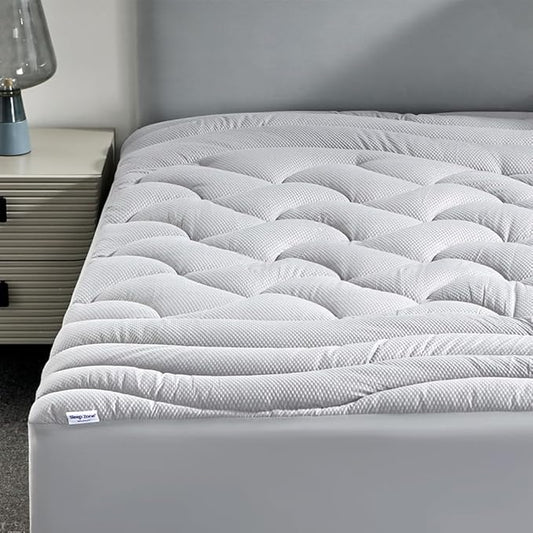 SLEEP ZONE Full Size Cooling Mattress Pad for Double Bed, Premium Zoned Quilted Mattress Topper, Wrap Around Mattress Protector Cover, Machine Wash Durable, Deep Pocket 8-21 inch, Silver Grey, Full