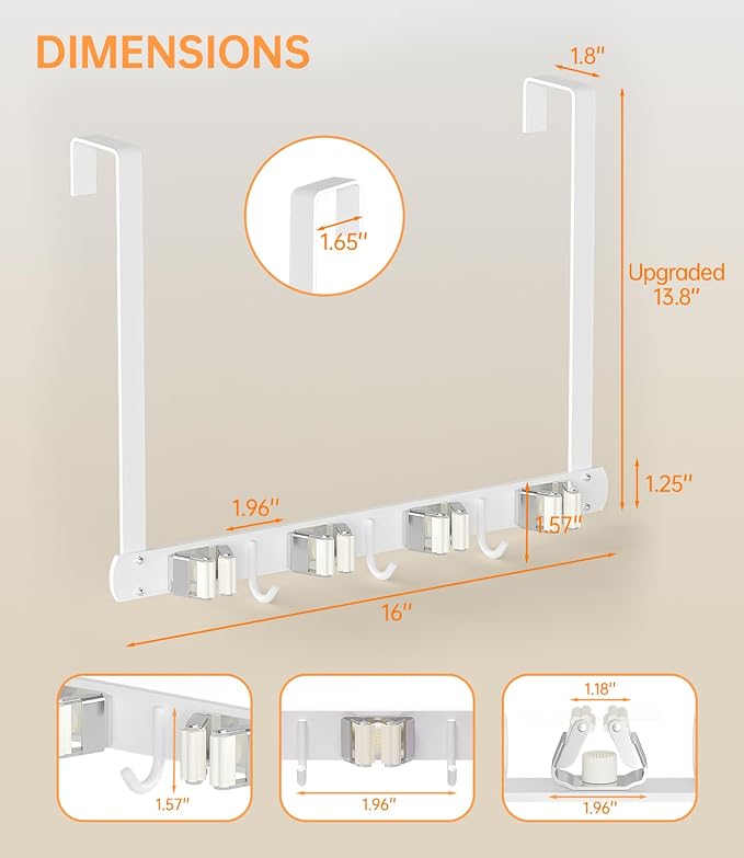 Broom Holder Over The Door - 304 Stainless Steel Mop and Broom Holder Wall Mounted or Hanging Over The Door with Hooks - Broom Hanger - white, Broom Storage Tool Organizer for Closet Laundry - Image 5