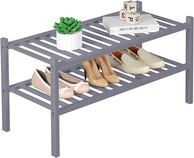 ROMGUAR CRAFT 2 Tier Bamboo Shoe Rack for Closet Free Standing Wood Shoe Shelf for Entryway Small Space Stackable 27"x11"x13" (Grey) by ROMGUAR+CRAFT